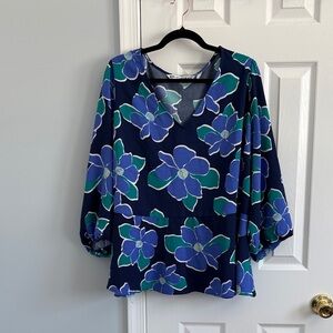 Girl With Curves Blue Green Floral Peplum Blouse Top V Neck Quarter Sleeve Sz 2X